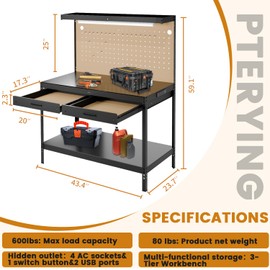 Work Bench, A3 Steel Workbench with Drawers Pegboard, Work Benches, 600LBS Capacity Garage Workbench for Garage Workshop Basement, Work Table Dark Black.