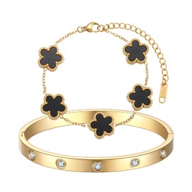 FUNIO 18K Gold Plated Van cleef Clover Bracelet Love bangle Set for Women - Black Stack Friendship Bracelet Lucky Link Bracelets Jewelry Gifts Trendy for Women