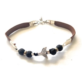 Anklet for Men with Whale Tail Charms and Black Lava Beads, Summer Ankle Bracelet