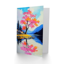 Artery8 Greeting Card Cherry Blossom Tree by Lake Coastal Landscape Blank For Him Or Her Art Birthday Card