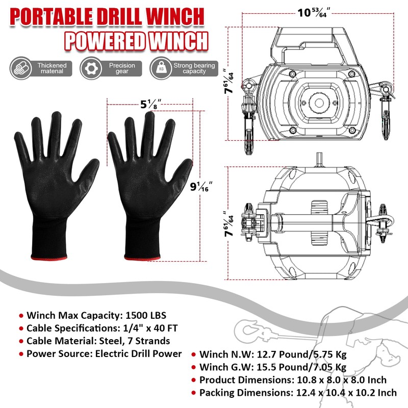 FITHOIST Portable Drill Winch 1500 LBS, 1/4" Heavy-Duty Steel Cable