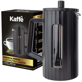 Kaffe Large French Press Coffee Maker & Camping Coffee Pot Double-Wall Stainless Steel Tea & Coffee Press with Extra Filter, Black (1L)
