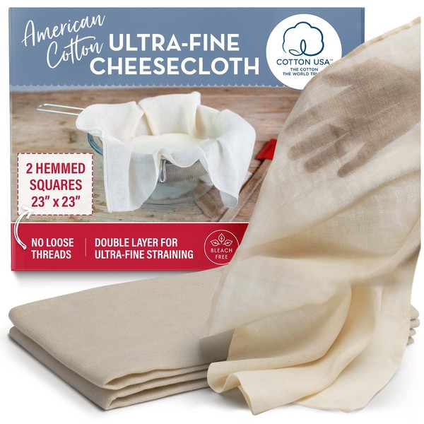 American Cotton Cheesecloth for Straining - 2 Pack Large 23" Precut Cheese Cloth Squares, Hemmed Muslin Fine Reusable Strainer