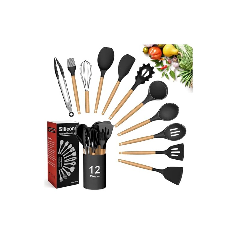 Utensilios de Cocina de Silicona, 12 Piezas Juego de Cucharas