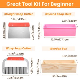 2 Pcs Rectangular Loaf Soap Molds Kit with Wooden Box, 42oz Flexible Silicone Mold, Stainless Steel Wavy & Straight Slicer Cutter for DIY Soap Making, Pink and Purple