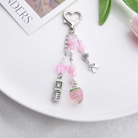 Strawberry Phone Charm Keyring for Car Keys Cute Keychain Y2k Aesthetic Accessories for Women Girls Y2k Keychain Strawberry Charms Bow Key Ring Pink Handbag Charms for Women Bags Car Keys Accessories