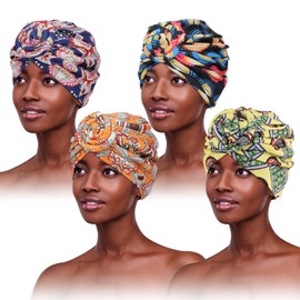 PHOGARY Pack of 4 Turban for Women, Soft Knotted Turban Women's Turban Hat Women's Pleated Headgear Women's Headscarf Women's Head Wrap Turban for Women Hair Loss Hat Chemo Headwear, multicoloured