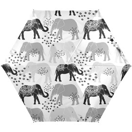Trendy Ethnic Elephants Tribal Motifs Dots Vintage Black White Small Mini Anti-UV Compact Travel Umbrella, 5 Folding Ultra-Light Umbrella, 6 Ribs Pocket Windproof Foldable Vinyl Parasol