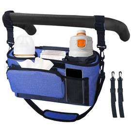 Universal Baby Stroller Organizer, 2 Heightened Insulated Cup Holders, Detachable Zippered Pocket, Adjustable Shoulder Strap, Non-Slip Secure Hooks Accessories，Large Capacity for Baby Essentials Navy