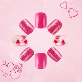 Valentine’s Day Press on Nails Short False Nails with Heart Designs Square Fake Nails Glitter Nails Press ons Glossy Glue on Nails Pink Full Cover Stick on Nails for Women 24Pcs
