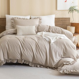 Sanracie Queen Comforter Sets, 100% Cotton Ruffled Boho Comforter Set Queen 3 Pieces Linen Feel Farmhouse Vintage Shabby Boho Chic Bedding Soft Lightweight Bed Set for All Season