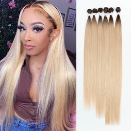 DÉBUT 26 28 30 Inches Long Straight Hair 6 Bundles High Temperature Fiber 300g for Full Head Synthetic Hair Weave Ombre Brown Roots to Blonde