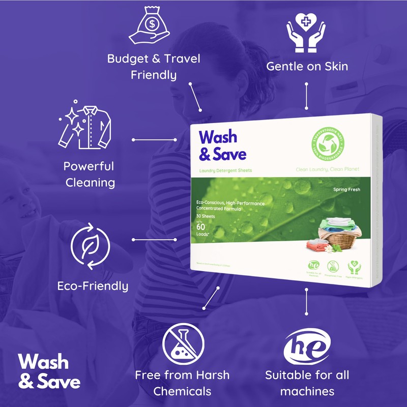 WASH & SAVE Laundry Detergent Sheets (60 Loads, 30 Sheets)