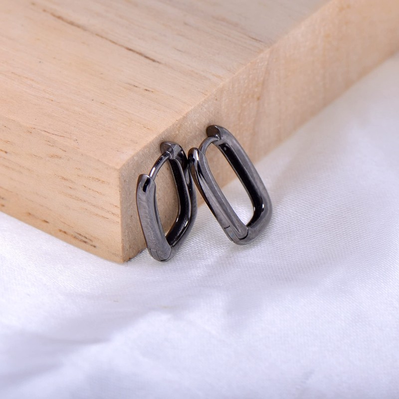 925 Sterling Silver Tiny Huggie Hoop Earrings Rounded Rectangle, Black