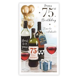 Male 75th Birthday Card - Age 75 - Time to Celebrate - Artistic Wine Design - Special Finishes and Illustrated Insert Leaf - Made in the UK