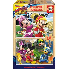 Educa 17622 Mickey and the Roadster Racers Départ Top Start 2 Puzzles of 16 Pieces, Cranberry