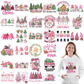 Whaline 30 Sheet Christmas Pink Iron On Transfers Patches Xmas Tree Gnome Heat Transfer Iron Patches Merry Christmas Heat Transfer Stickers for DIY Art Craft Clothing Fabric Decor