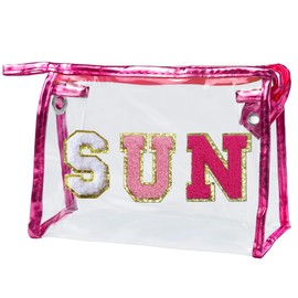 COSHAYSOO Clear Makeup Bag Preppy Sunscreen Pouch Waterproof Beach Pool Travel Things Summer Stuff Traveling Cosmetic Accessories for Women Teen Girl Gift with Cute Chenille Letter Patch Pink SUN