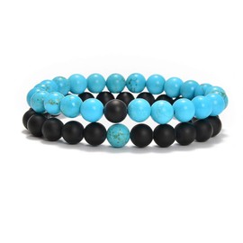 AD Beads 2Pcs His & Hers Distance Beads Bracelets Elastic Natural Stone Yoga Bracelet (Matt Black Agate+Blue Turquoise)