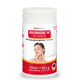 Hyaluronic Acid Capsules with Collagen and Vitamin C, 100 mg Hyaluronic Acid and 250 mg Collagen Hydrolysate per Capsule, primedical 1 x 60 Capsules