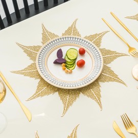 BACKTOEDEN Gold Round Placemats Set of 6 Washable Wipeable Heat Resistant Placemats Vinyl Pressed Placemat for Kitchen Dining Table Wedding Party Decorative Place Mats, Maple Leaf