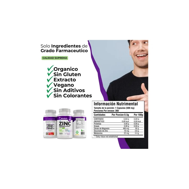 Bioherb Zinc Magnesio Melatonina 360 Capsulas 500mg Bienestar Relajación Natural
