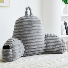 Memfydu Faux Fur Fluffy Gray Reading Pillow with Pockets, Luxury Striped Plush Decorative, Arm Rests and Back Support for Bed Rest, Lounging on Sofa, Extra Large Size for Adult.