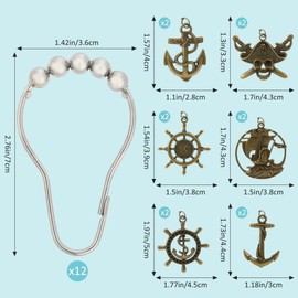 INSYOHO - Ganchos náuticos para cortina de ducha, paquete de 12 – Ganchos de baño con temática de barco de bronce antiguo con ancla, pirata, yelmo y velero para decoración de playa costera, accesorios