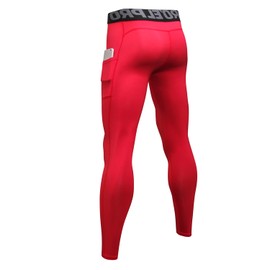LEICHR Red Men's Sports Compression Pants & Tights Dry Fit Workout Training Tights Athletic Base Layer Leggings with Pockets