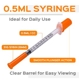 0.5ml 0.5cc U-100 Lab Syringes 31G x 5/16 Inch (8mm), Pet Syringe Accessories, 25 Pack, Individually Wrapped