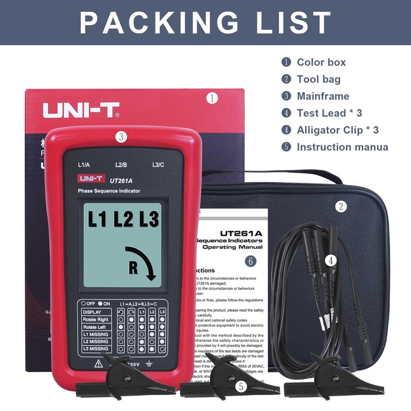 UNI-T 3-Phase Sequence Tester Rotation Meter, AC Phase Sequence Indicator