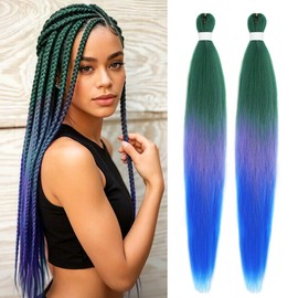Colored Braiding Hair Pre Stretched - 30 Inch 2 Packs Ombre Dark Green/Purple/Hot Blue, Synthetic Yaki Texture Skin-Friendly Braids Crochet Hair