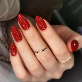 Artquee Red Almond Press on Nails Short Fake Nails Art Solid Color False Nails Glossy Reusable Stick on Nails in 15 Sizes - 30 Nail Kit