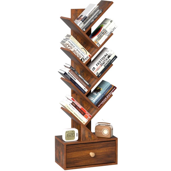 SHEEPAM SHEEPAM 8 Tier Tree Bookshelf with Drawer, Free Standing