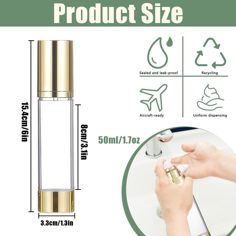 6Pcs 1.7oz/50ml Airless Pump Bottle Dispenser, Clear Empty Shampoo Bottles,