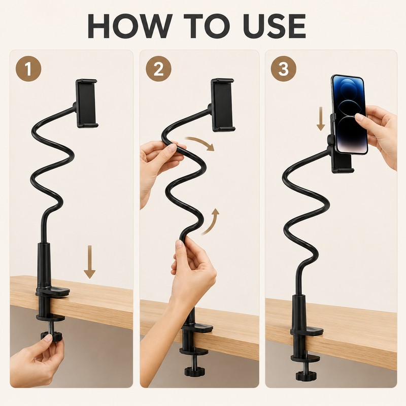 Flexible Gooseneck Phone Holder, 360° Adjustable Bed & Desk Clamp