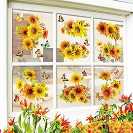 Sunflower Static Window Clings Colorful Floral Window Stickers Wildflower Window Stickers Double-Sided Anti-Collision Glass Door Clings for Home Store Party Decorations