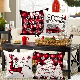 Ywlake Christmas Throw Pillow Covers 18x18 Set of 4, Decorative Holiday Farmhouse Merry Xmas 18 x 18 Buffalo Check Plaid Cushion Pillow Cases for Outdoor Indoor Home House Room Couch Decor (Red)
