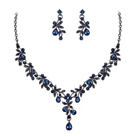 Clearine Wedding Jewellery Set for Women Bride, Y Necklace Dangle Earrings Set Impressive Crystal Teardrop Leaf Flower Cluster Prom Jewellery for Bride Bridesmaid Sapphire Black Tone, Crystal