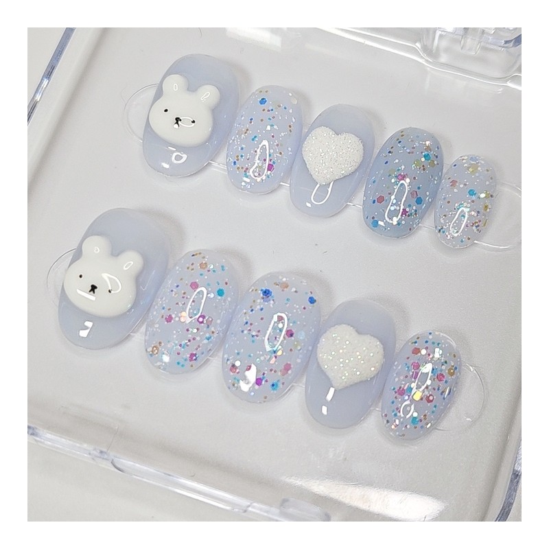 Heart Bear Handmade Nail Tips - Short Oval / 하트