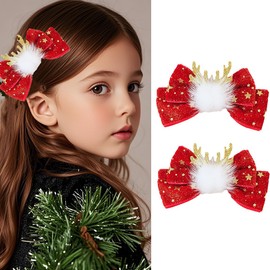 2 Pcs Christmas Reindeer Antlers Hair Clips with Red Glitter Bows, Festive Holiday Hair Accessories for Women & Girls, Cute Xmas Party Headbands