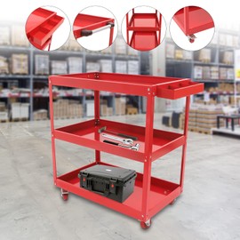 Cold-Rolled Steel 3 Tier Rolling Tool Cart, Heavy Duty Industrial Service Cart with aParts Box, Tool Organizer for Factories, Workshops, Auto Repair Shops, 30.51 * 19.09 * 34.65in (Red)