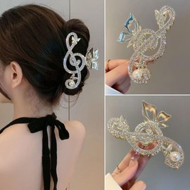 3 Pack Women Gold Hair Clips Elegant Cute Large Girls Shiny Rhinestone Music Note Design Metal Hair Clips