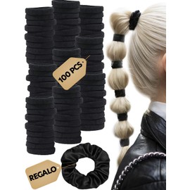 (100 Pcs) Ligas para el Cabello + Scrunchie de Regalo | Cero Daño | Ligas para Pelo, Liguitas para el Cabello Negras, Ligas de Tela para Cabello, Resistentes, Elasticas