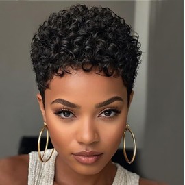 Short Afro Kinky Curly Wig, Natural Black, Pixie Cut Style (Black)