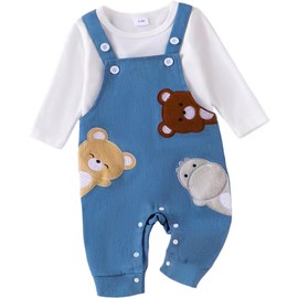 Carolilly Infant Baby Boys Embroidery Animals Outfits Newborn Baby Boys Long Sleeve Tshirt Top + Overall Pants Toddler Clothes 2 Piece Clothing Sets (White, 6-12 Months)