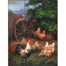 Rooster Tile Backsplash Grandma's Backyard by Nenad Mirkovich Art Kitchen Shower Ceramic Mural (12.75" x 17" on 4.25" Tiles)