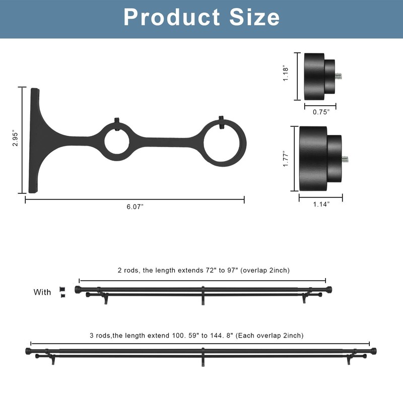 Heavy Duty Double Curtain Rods with Cylindrical Cap Finials -
