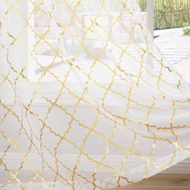 Kotile Voile Net Curtains 72 Inch Drop - Metallic Gold Foil Geometric Moroccan Tile Printed White Sheer Eyelet Curtains Light Filter & Privacy Panels for Balcony, Width 52-Inch by Drop 72-Inch, 1 Pair