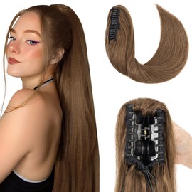 Elailite Real Hair Ponytail Extensions 35 cm Ponytail Hair Extensions with Clip Remy Straight Braid Human Hair #04 Medium Brown